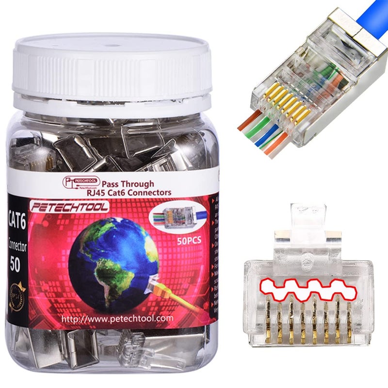 PETECHTOOL RJ45 23AWG Cat6a Cat6 Connector Gold Plated 8P8C Pass Through Shield Plug (50pieces) - Image 1